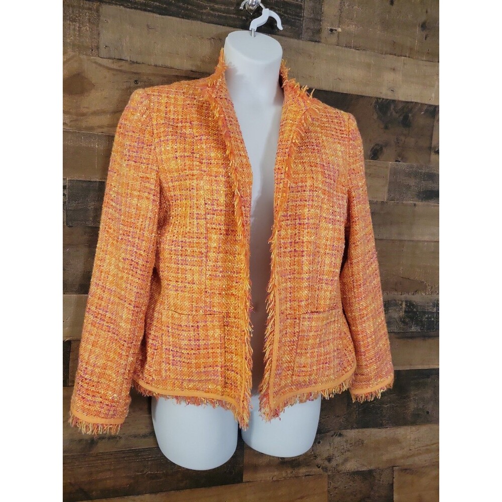 Meryl Diamond Size 14 Orange  Pink Tweed Fringe Blazer Jacket Long Sleeve